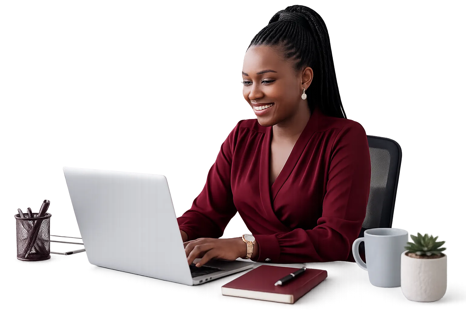 A finance manager smiling as she reviews payroll on her laptop